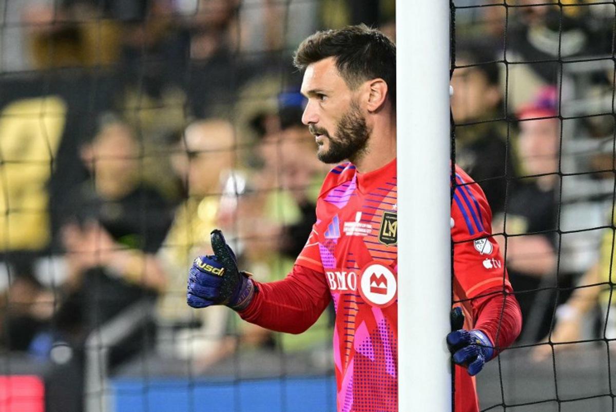 LAFC's French goalkeeper #01 Hugo Lloris gives a thumbs up as he sets up his wall the US Open Cup football final between Los Angeles FC and Sporting Kansas City at BMO Stadium in Los Angeles on September 25, 2024. Frederic J. Brown / AFP