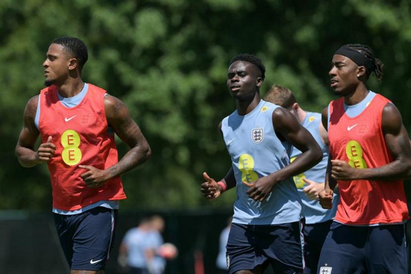 (From L) England's defender #02 Ezri Konsa, forward #07 Bukayo Saka and forward #20 Noni Madueke take part in a training session at Swope Soccer Village in Kansas City on July 08, 2026, during the 2026 World Cup football tournament. JUAN MABROMATA / AFP