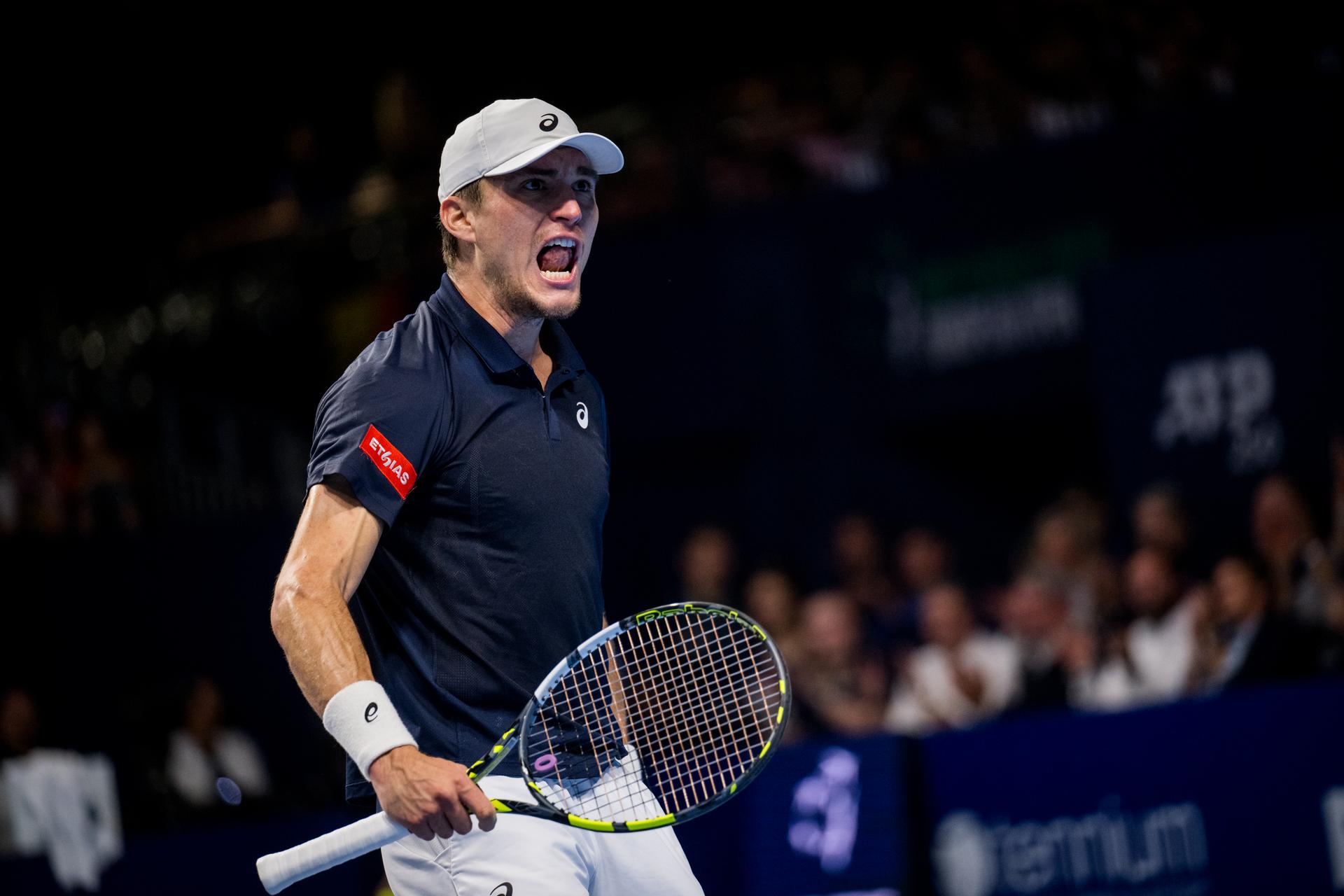 Belgian Raphael Collignon celebrates during the European Open ATP tennis tournament in Brussels, on Saturday 18 October 2025. This year's edition of the tournament is taking place from 12 to 19 October 2025. BELGA PHOTO JASPER JACOBS