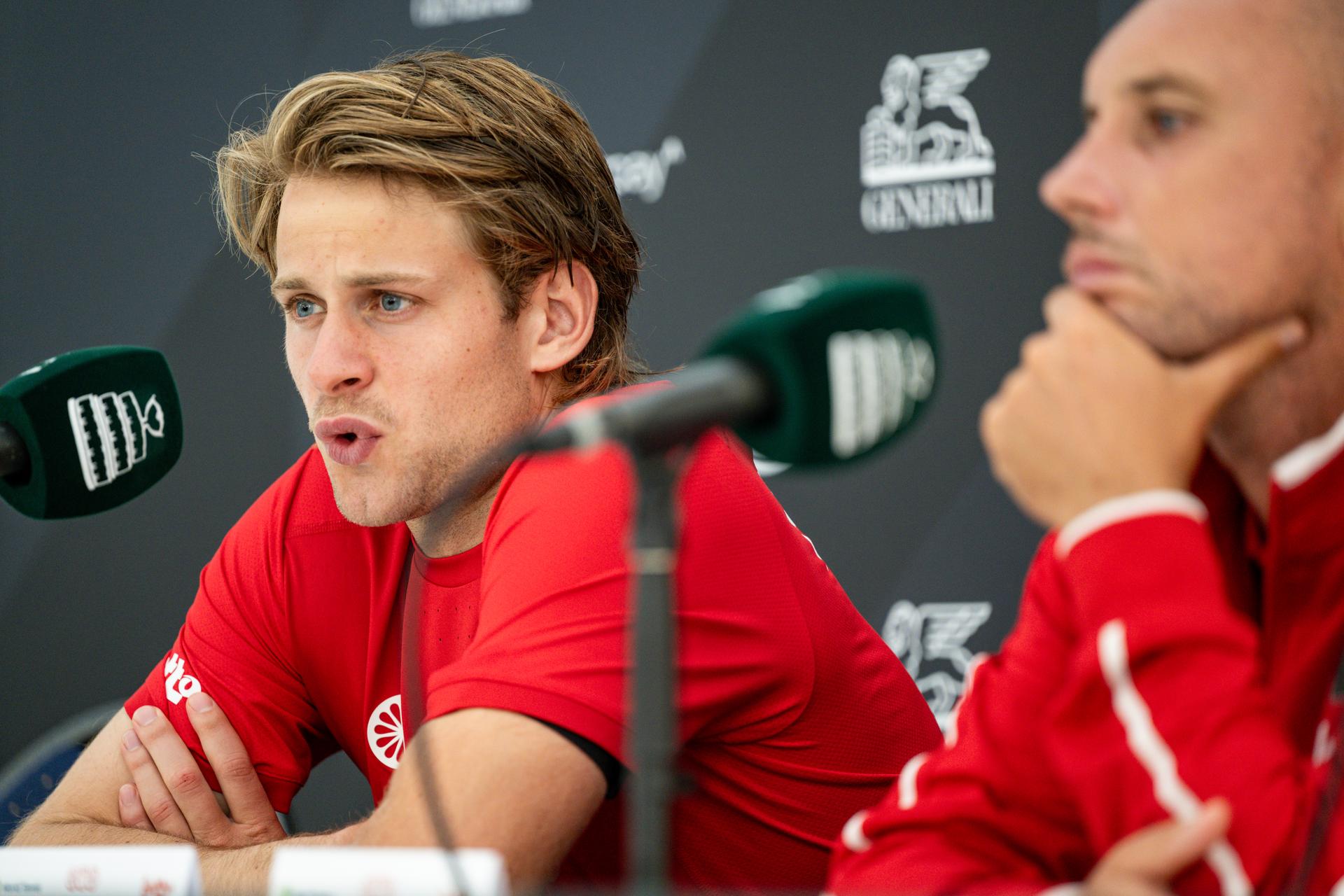 Belgian Zizou Bergs pictured during a press conference after a tennis match between Austrian Rodionov and Belgian Bergs, the fourth rubber in the tie between Austria and Belgium, qualifiers for the Davis Cup tournament, on Saturday 19 September 2026 in Vienna, Austria. BELGA PHOTO DAVID PINTENS