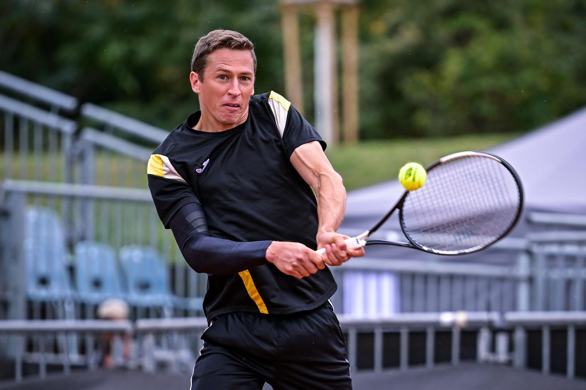Belgian Kimmer Coppejans is pictured in action during a training practice at the 'WAC Wiener Athletic Club' stadium, in preparation of the Davis Cup quelifiers between Belgium and Austria, in Vienna, on Thursday 17 September 2026. BELGA PHOTO DAVID PINTENS