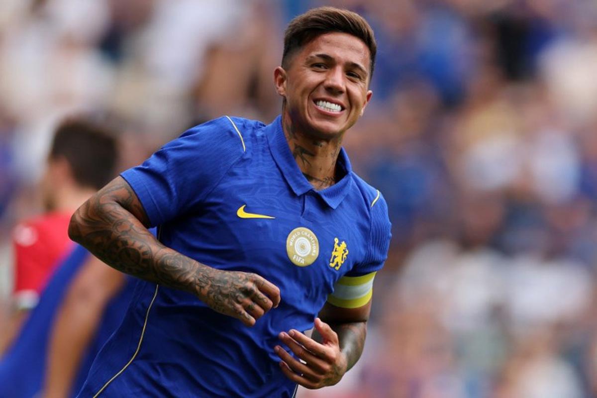 Chelsea's Argentinian midfielder #08 Enzo Fernandez reacts after failing to score during the pre-season friendly football match between Chelsea and Real Sociedad at Stamford Bridge in London on August 15, 2026. Adrian DENNIS / AFP