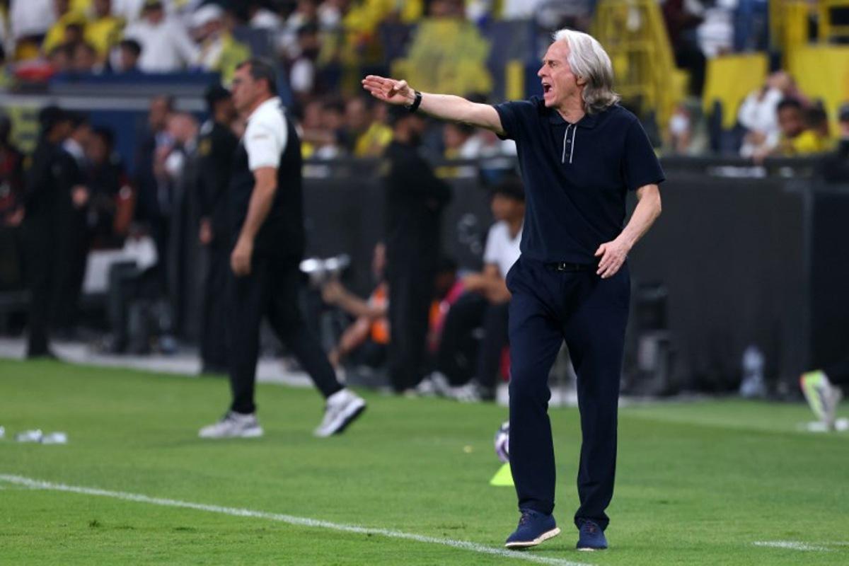 Nassr's head coach Jorge Jesus shouts directions to his team players during the Saudi Pro League football match between Al-Nassr and Damac at the Al-Awwal Park Stadium in Riyadh on May 21, 2026. Fayez NURELDINE / AFP