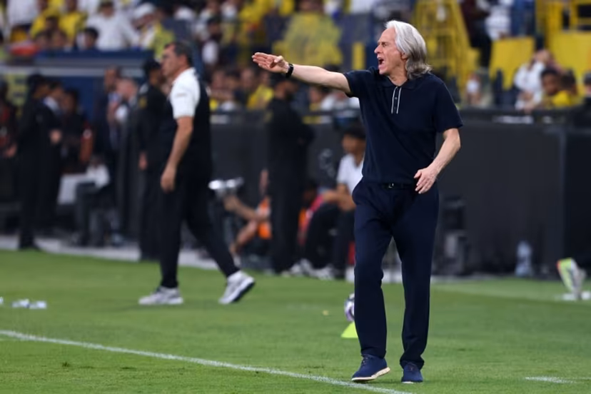 Nassr's head coach Jorge Jesus shouts directions to his team players during the Saudi Pro League football match between Al-Nassr and Damac at the Al-Awwal Park Stadium in Riyadh on May 21, 2026. Fayez NURELDINE / AFP