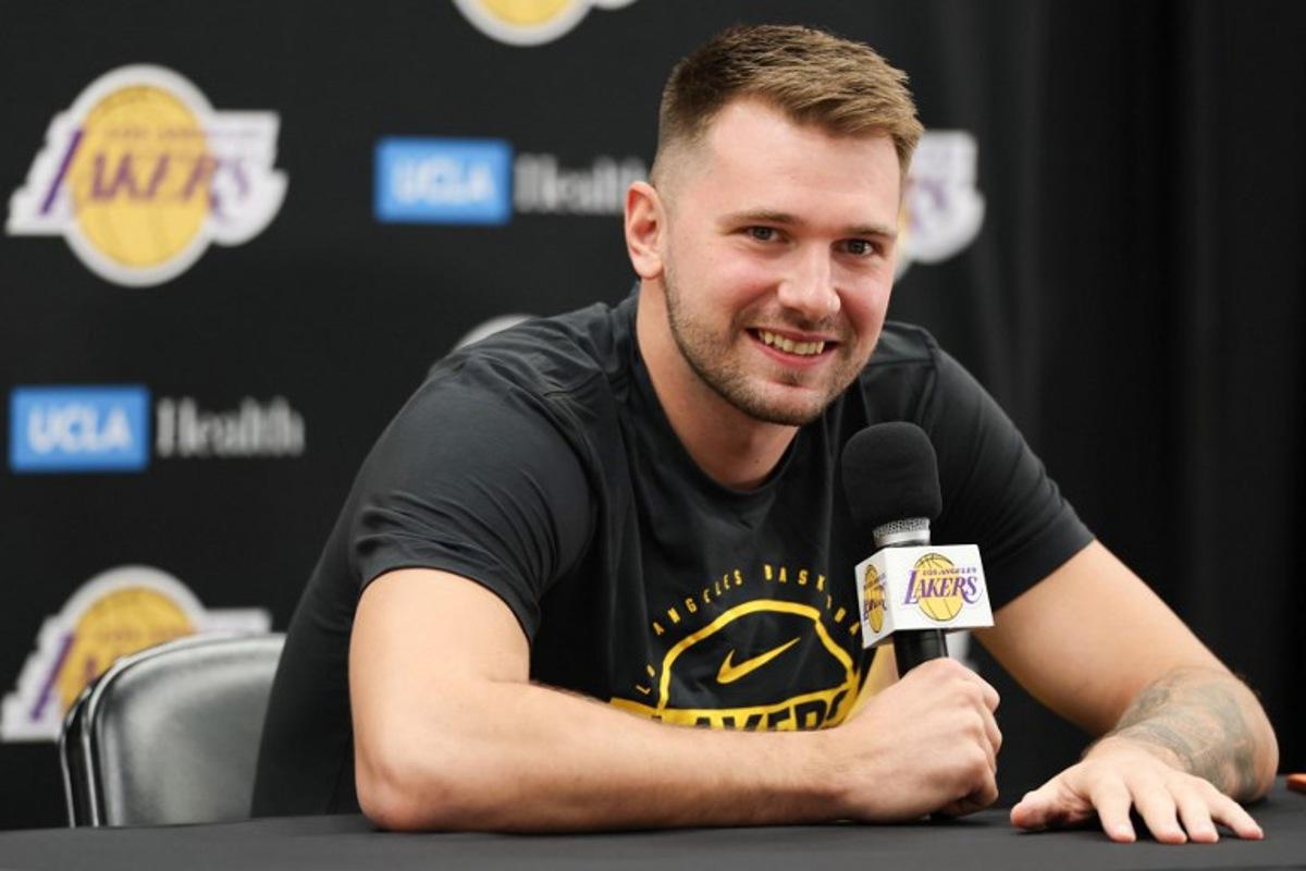 Slovenian professional basketball player Luka Doncic speaks to reporters during the Los Angeles Lakers media day at UCLA Health Training Center El Segundo, California on September 29, 2025. Patrick T. Fallon / AFP