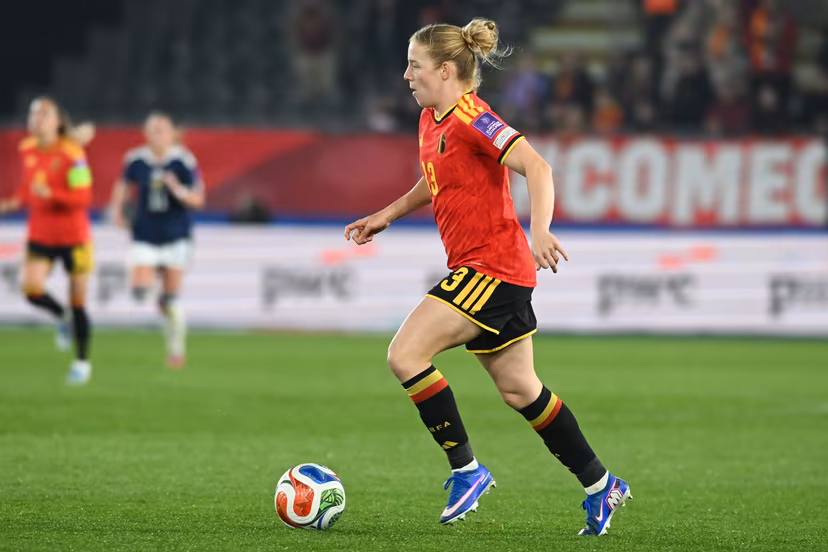 Belgium's Elena Dhont pictured in action during a soccer game between Belgium's national women's team the Red Flames and Scotland, on Saturday 18 April 2026 in Leuven, in the fourth of six games of the qualifiers for the 2027 FIFA Women's World Cup. BELGA PHOTO JILL DELSAUX