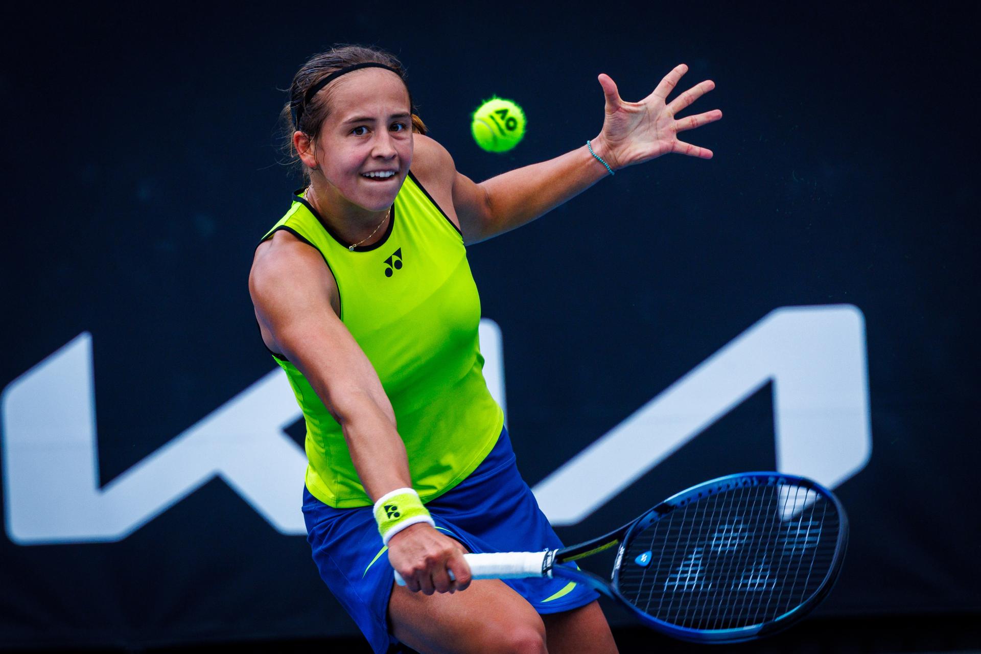 Belgium¿s Hanne Vandewinkel during a qualifying match against USA¿s Carol Young Suh at the Australian Open, Melbourne Park, Melbourne, January 13, 2026. Photo by Patrick Hamilton/SIPA USA) --- BENELUX ONLY ---