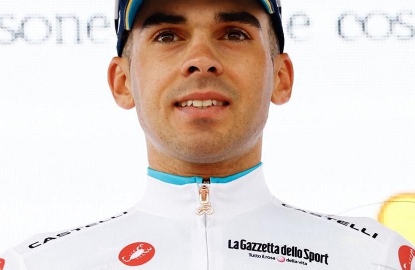 XDS Astana Team Uruguayan rider Guillermo Silva wearing the best young rider's white jersey (Maglia Bianca) celebrates on the podium after the 3nd stage of the Giro d'Italia 2026 - Tour of Italy cycling race between Plovdiv and Sofia, Bulgaria, on May 10, 2026. Luca Bettini / AFP