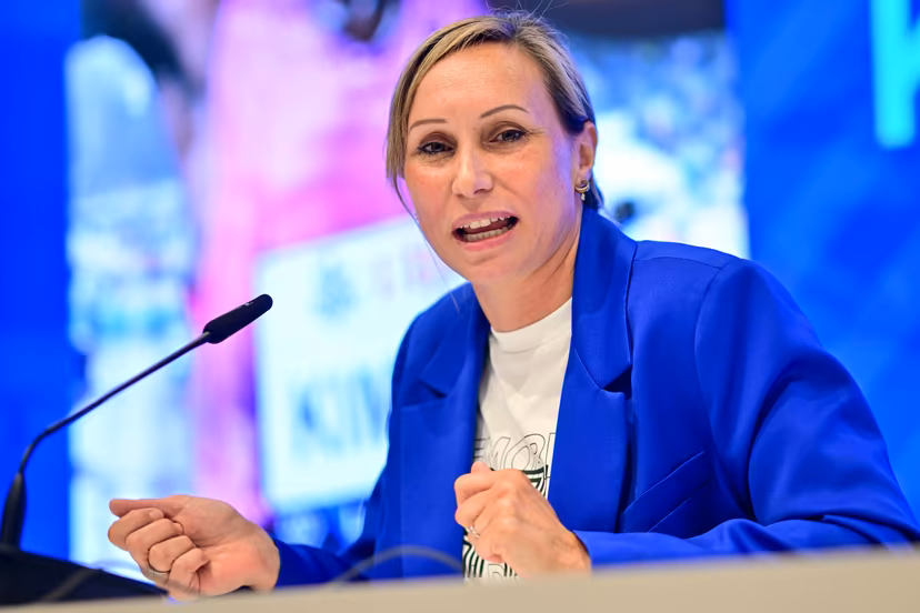 Memorial Van Damme meeting director Kim Gevaert speaks during a press conference on the 50th edition of the Memorial Van Damme athletics event in Brussels, Wednesday 06 May 2026. The 2026 Allianz Memorial Van Damme Diamond League meeting takes place on 04 and 05 September 2026. BELGA PHOTO DIRK WAEM