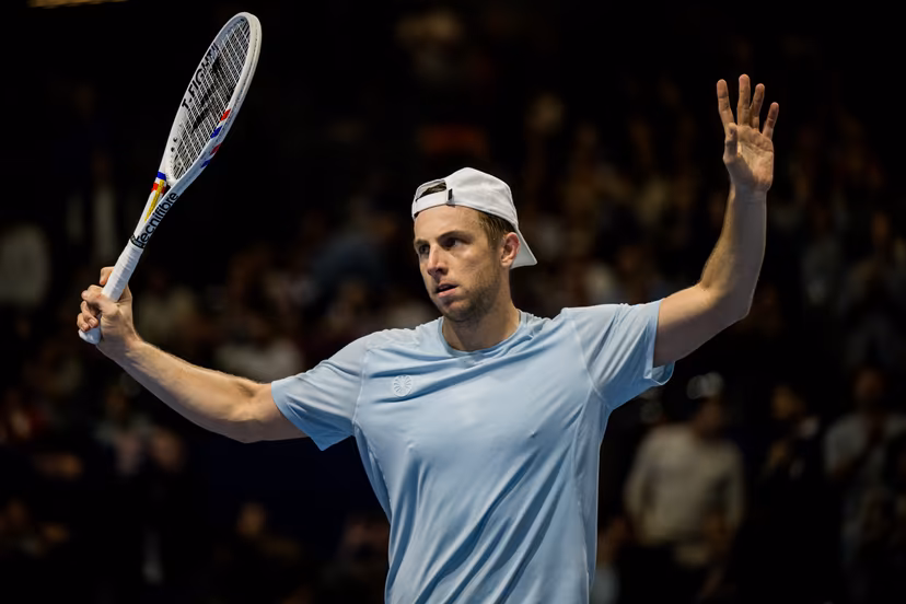Tallon Griekspoor of the Netherlands celebrates after winning the European Open ATP tennis tournament in Brussels, on Friday 23 October 2026. This year's edition of the tournament is taking place from 17 to 25 October BELGA PHOTO JASPER JACOBS