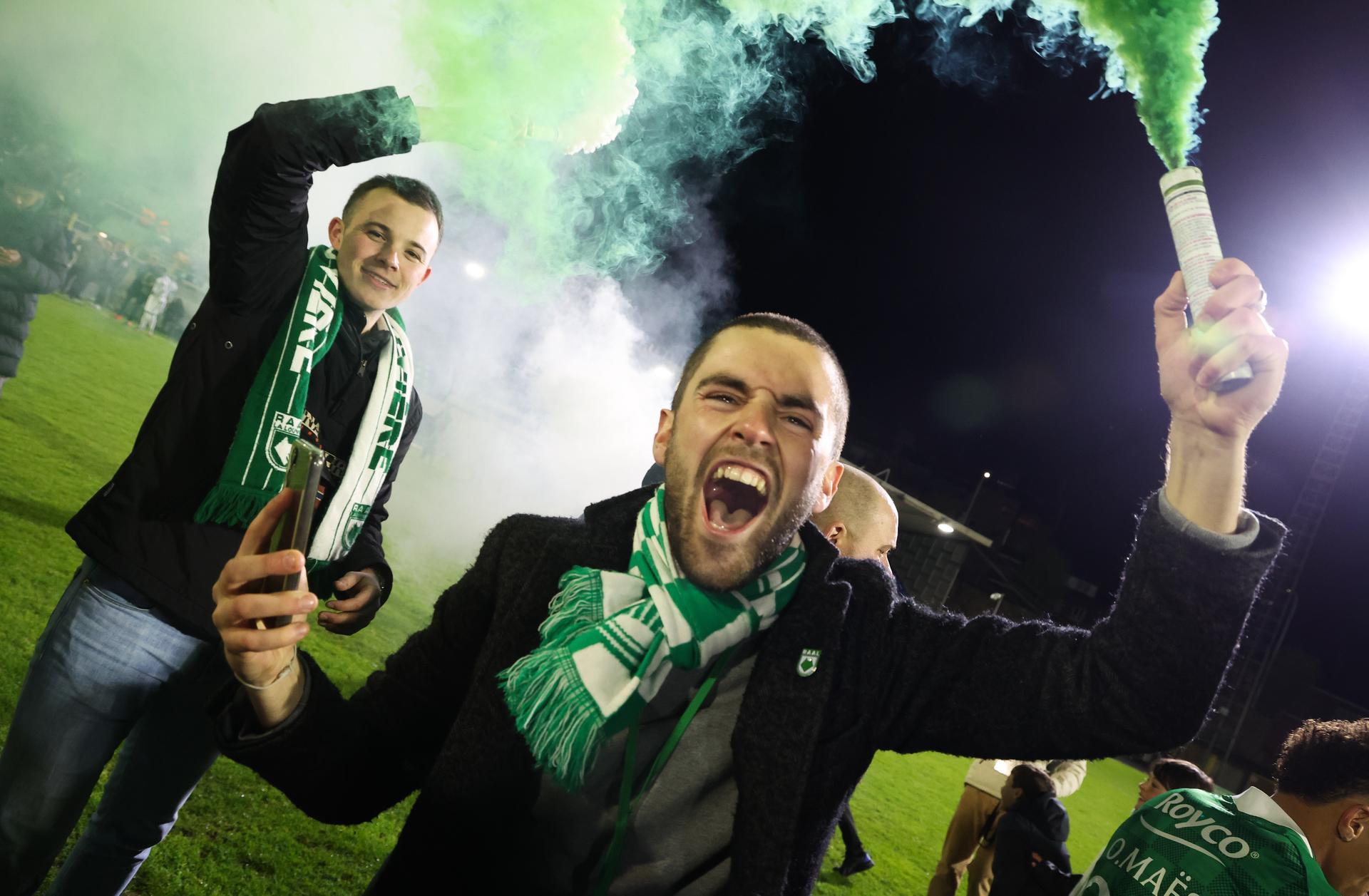 RAAL's supporter celebrates after winning a match between RAAL La Louviere and Jong Gent (KAA Gent), in the Belgian National Division 1 (Eerste Nationale), in La Louviere, Saturday 20 April 2024. BELGA PHOTO VIRGINIE LEFOUR