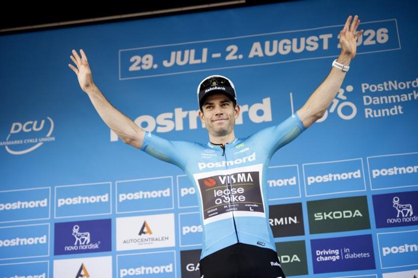 Team Visma - Lease a bike team's Belgian rider Wout van Aert celebrates on the podium winning Stage 1 of the PostNord Danmark Rundt, in Aalborg on July 29, 2026. Bo Amstrup / Ritzau Scanpix / AFP
