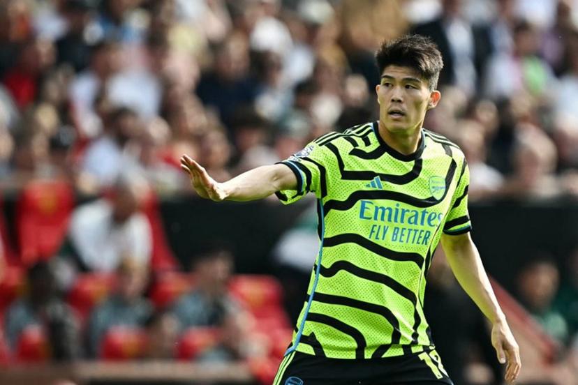 Arsenal's Japanese defender #18 Takehiro Tomiyasu reacts during the English Premier League football match between Manchester United and Arsenal at Old Trafford in Manchester, north west England, on May 12, 2024. Paul ELLIS / AFP