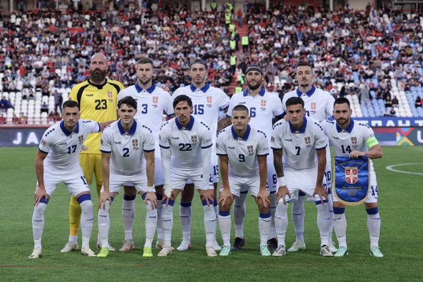 Serbia's players pose for a team picture before the UEFA Nations League Group A2 football match between Serbia and Netherlands at the Rajko Mitic stadium in Belgrade on September 27, 2026. Pedja Milosavljevic / AFP