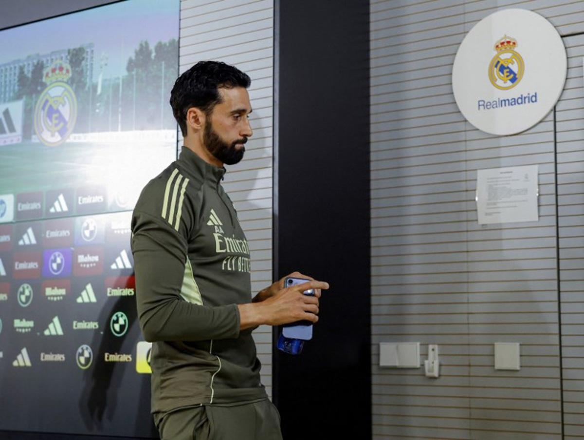 Real Madrid's coach Alvaro Arbeloa leaves after a press conference on the eve of the Spanish league football match between FC Barcelona and Real Madrid CF, at Real Madrid Sports City in Valdebebas, in the outskirts of Madrid, on May 9, 2026. OSCAR DEL POZO / AFP