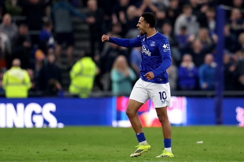 Everton's Senegalese striker #10 Iliman Ndiaye celebrates scoring the team's third goal during the English Premier League football match between Everton and Chelsea at the Hill Dickinson Stadium in Liverpool, north west England on March 21, 2026. Darren Staples / AFP