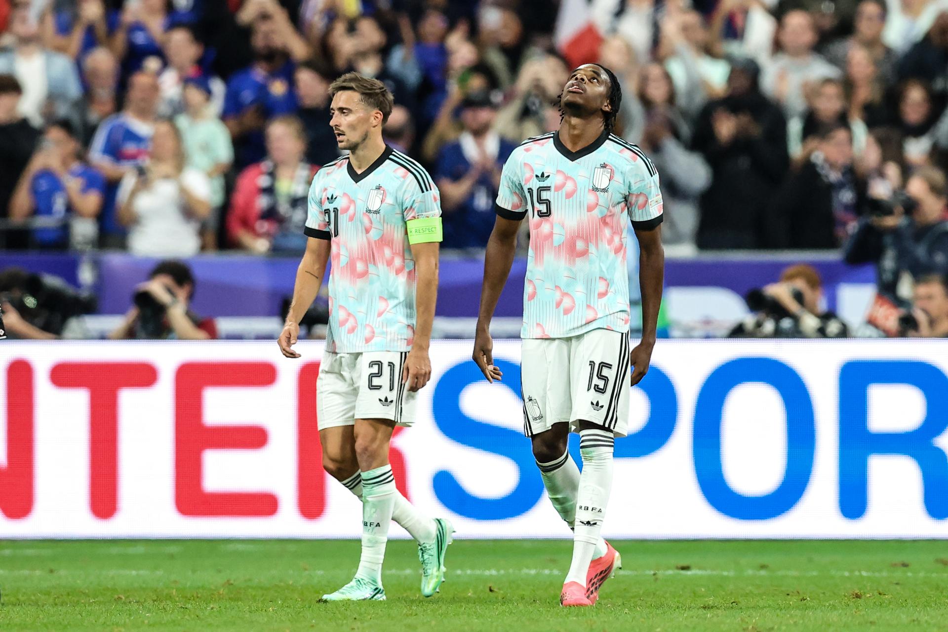 Belgium's Nathan Ngoy reacts during a soccer game between France and Belgian national team Red Devils, on Monday 5 October 2026 in Saint-Denis, France, the fourth (of 6) game of the UEFA Nations League group stage. BELGA PHOTO BRUNO FAHY