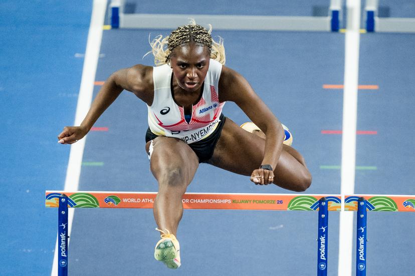 Belgian Yanla Ndjip-Nyemeck pictured in action during the women's 60m hurdles, at the third day of the World Athletics Indoor Championship in Torun, Poland on Sunday 22 March 2026. The championships take place from 20 to 22 March. BELGA PHOTO JASPER JACOBS