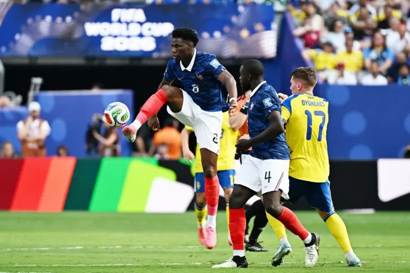 France's midfielder #08 Aurelien Tchouameni controls the ball during the 2026 World Cup round of 32 football match between France and Sweden at the New York/New Jersey Stadium in East Rutherford on June 30, 2026. Jewel SAMAD / AFP