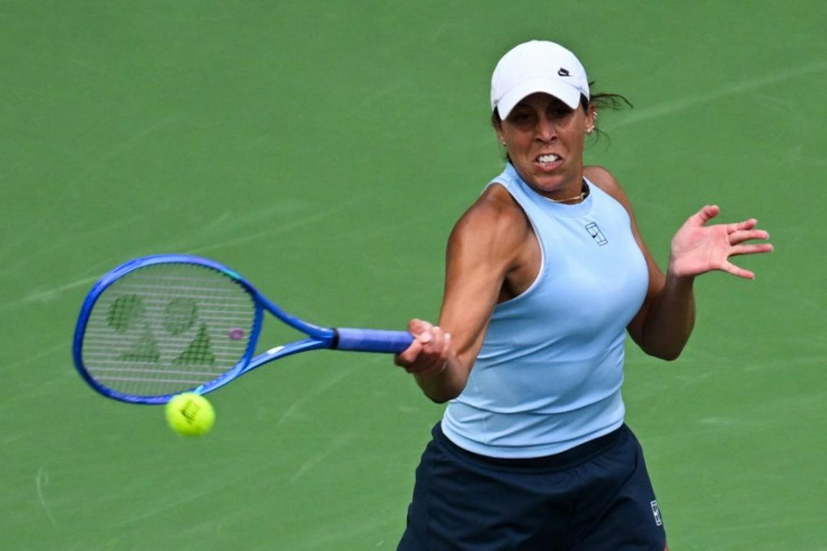 USA's Madison Keys returns the ball to Croatia's Donna Vekic during the Round of 16 women's singles match of the BNP Paribas Open at the Indian Wells Tennis Garden in Indian Wells, California on March 12, 2025. Patrick T. Fallon / AFP