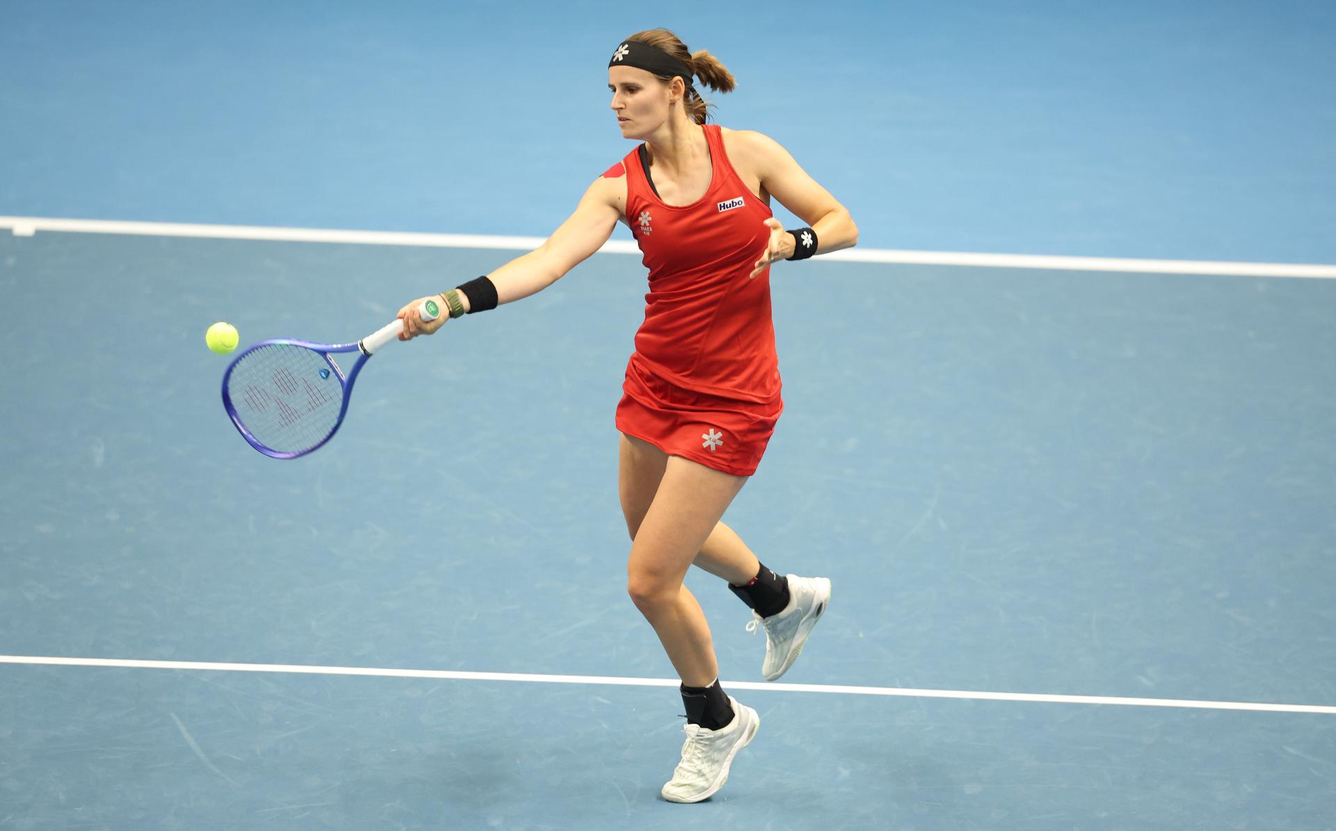 Belgian Greet Minnen pictured in action during a tennis match between Belgian Minnen and French Gracheva, on Friday 11 April 2025, the second game in the Promotion Play-offs between Belgium and France in the Europe/Africa Group I of the Billie Jean King Cup tennis, in Vilnius, Lithuania. PHOTO VIRGINIE LEFOUR