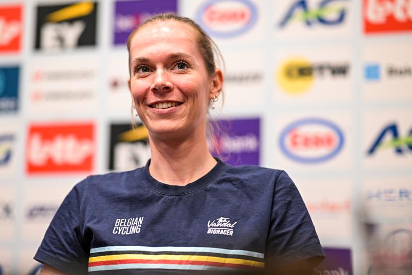 Belgian Sandrine Tas is pictured during a press conference ahead of the cycling European Championships, in Ljubljana, Slovenia, Friday 2 October 2026. The UEC road championships are taking place from 03 to 07 October. BELGA PHOTO DAVID PINTENS
