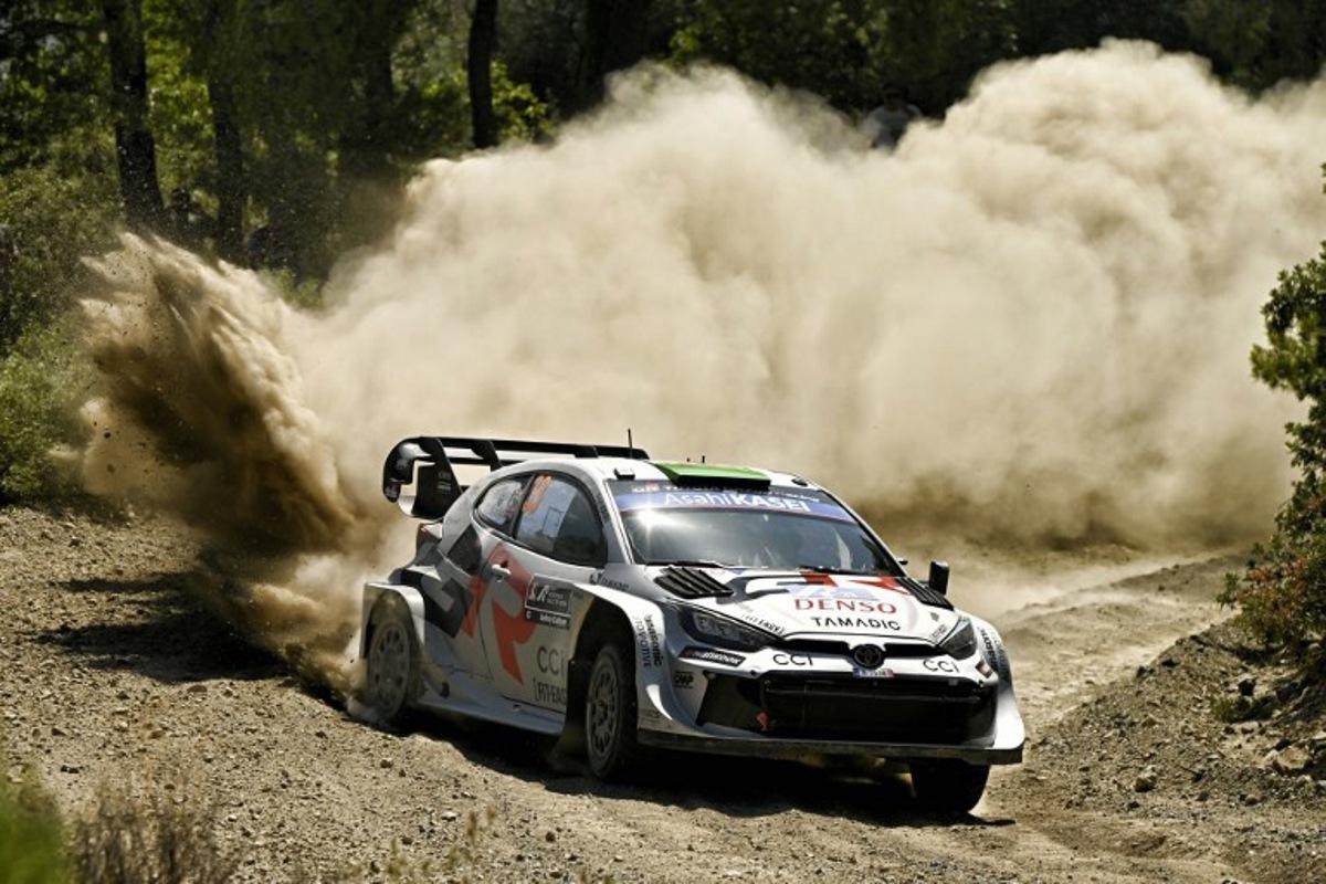 Great Britain's Elfyn Evans and his co-driver Scott Martin drive their Toyota GR Yaris Rally1 Hybridat the special stage Agioi Theodoroi during the Acropolis Rally in Agioi Theodoroi on June 27, 2025. Valerie GACHE / AFP