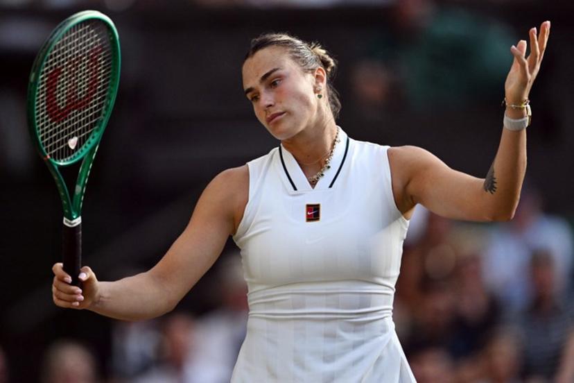 Belarus's Aryna Sabalenka reacts as she plays against Japan's Naomi Osaka during their women's singles round of 16 tennis match on the seventh day of the 2026 Wimbledon Championships at The All England Lawn Tennis and Croquet Club in Wimbledon, southwest London, on July 5, 2026. Kirill KUDRYAVTSEV / AFP