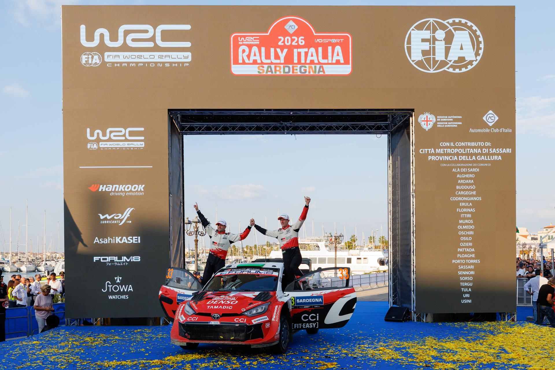 ATTENTION EDITORS - HANDOUT PICTURES - EDITORIAL USE ONLY MANDATORY CREDIT Toyota Gazoo Racing - This handout picture, released by Toyota Gazoo Racing on Sunday 4 October 2026 shows World Champions Elfyn Evans and Scott Martin after the Rally of Sardegna. - Belga and Belga editorial board decline all responsability regarding the content of this picture. PHOTO HANDOUT Toyota Gazoo Racing