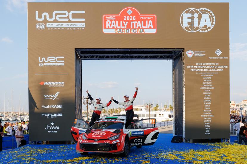 ATTENTION EDITORS - HANDOUT PICTURES - EDITORIAL USE ONLY MANDATORY CREDIT Toyota Gazoo Racing - This handout picture, released by Toyota Gazoo Racing on Sunday 4 October 2026 shows World Champions Elfyn Evans and Scott Martin after the Rally of Sardegna. - Belga and Belga editorial board decline all responsability regarding the content of this picture. PHOTO HANDOUT Toyota Gazoo Racing