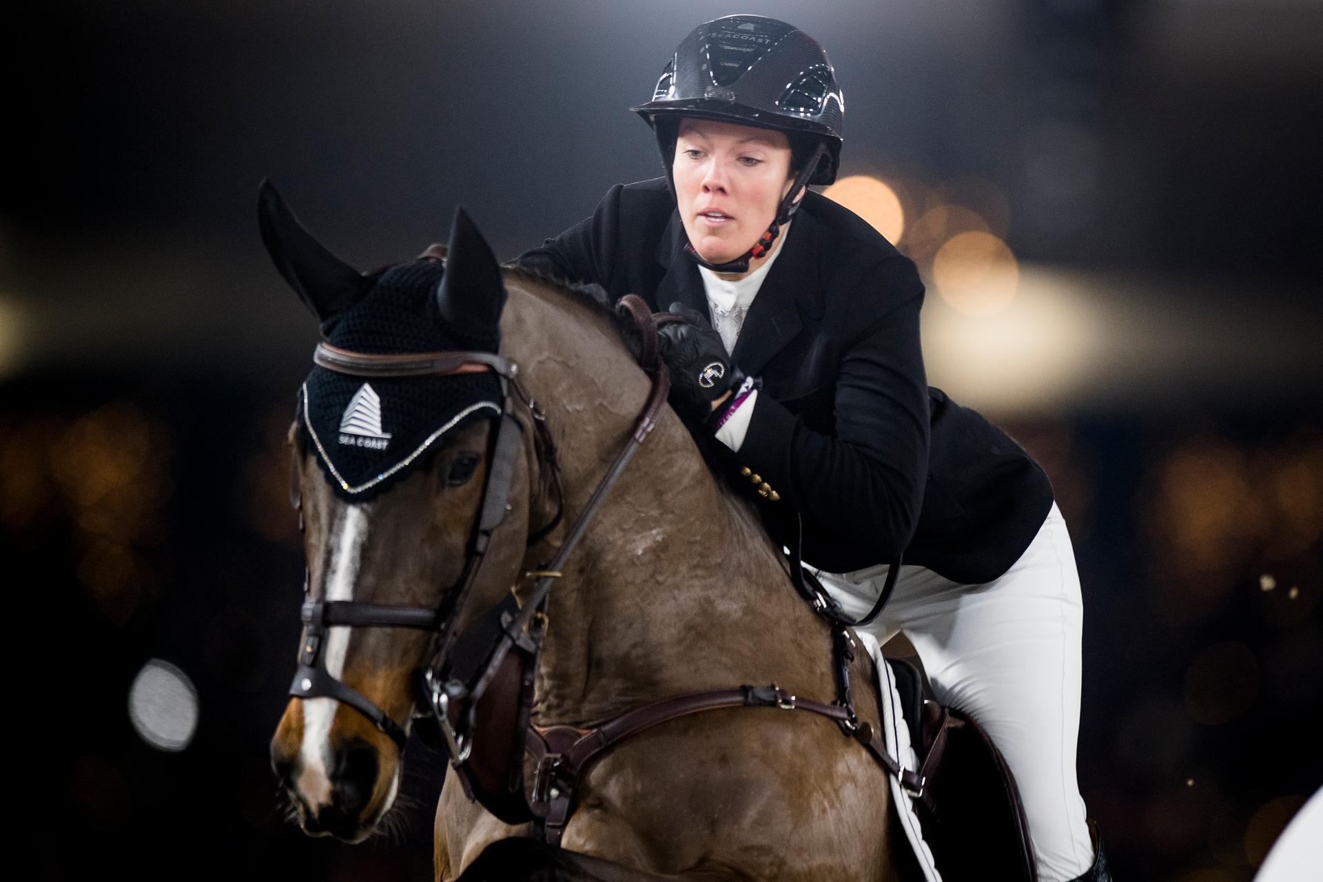 Belgian Gudrun Patteet with Sea Coast Pebbles Z pictured in action during the FEI World Cup Jumping competition at the 'Vlaanderens Kerstjumping - Memorial Eric Wauters' equestrian event, in Mechelen, Sunday 30 December 2018. BELGA PHOTO JASPER JACOBS