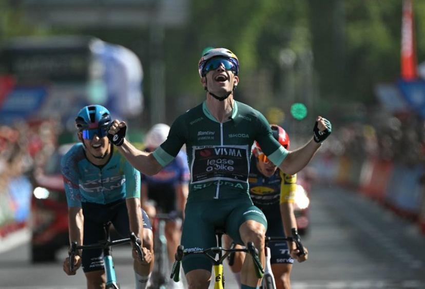 Team Visma-Lease a bike's Belgian rider Wout van Aert celebrates winning the 15th stage of the Vuelta a Espana 2026 cycling tour, a 110,2 km race which was modified from the original itinerary of 189,7 km following the activation of the high temperature protocal, between Palma del Rio and Cordoba, on September 6, 2026. JORGE GUERRERO / AFP