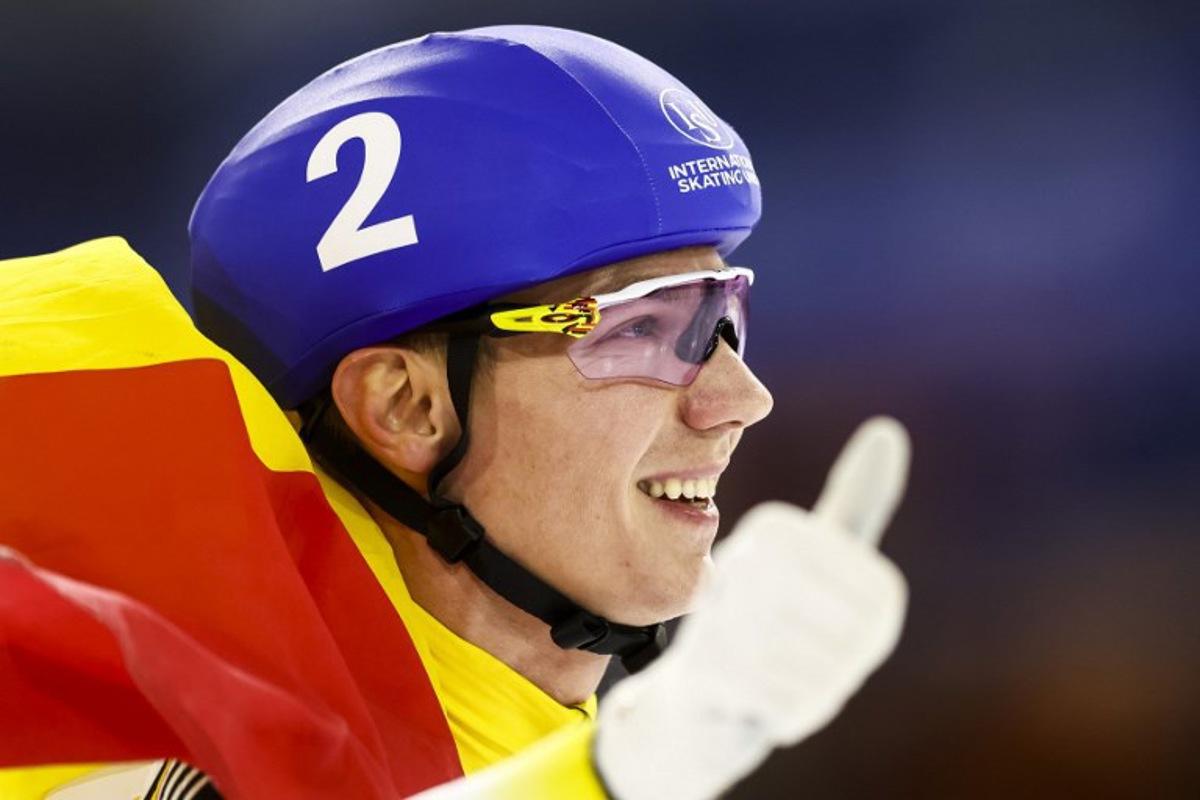 Belgium's Bart Swings reacts after winning the Mass Start men at the European Championship speed skating in Heerenveen on Janurary 7, 2024. Vincent Jannink / ANP / AFP