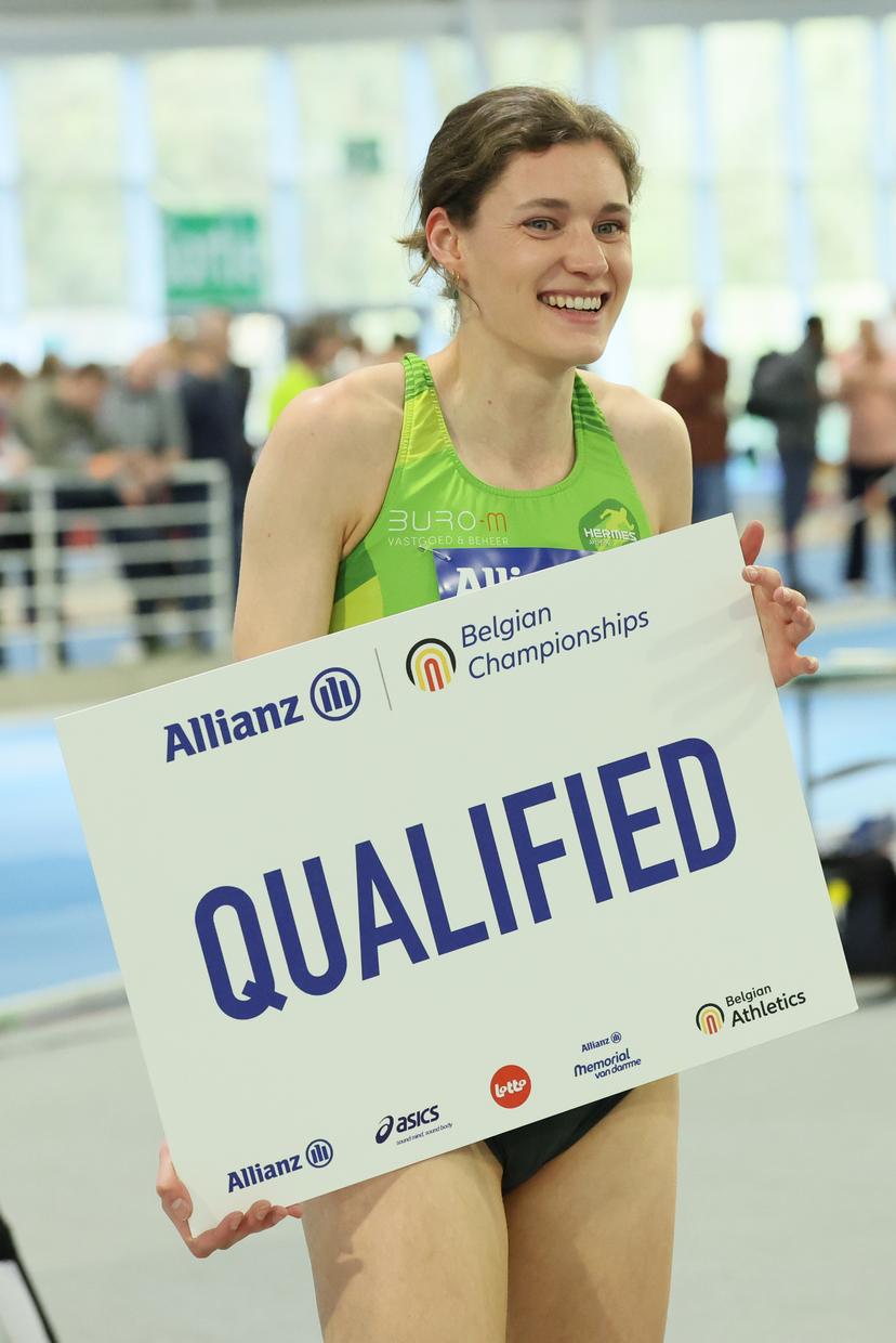 Belgian Helena Ponette celebrates as she qualified for the worlds with her time in the 400m race at the Belgian indoor athletics championships, on Sunday 01 March 2026 in Louvain-la-Neuve. BELGA PHOTO BENOIT DOPPAGNE