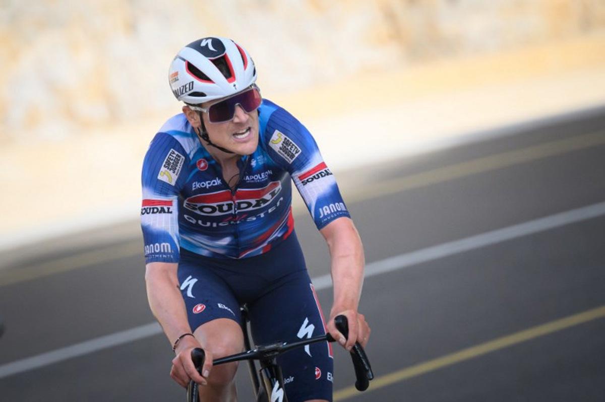 Soudal Quick-Step team's belgian rider Louis Vervaeke competes to win the second stage of the Tour of Oman cycling race from Al Rustaq fort to Yitti Hills, on February 9, 2025. Loic VENANCE / AFP