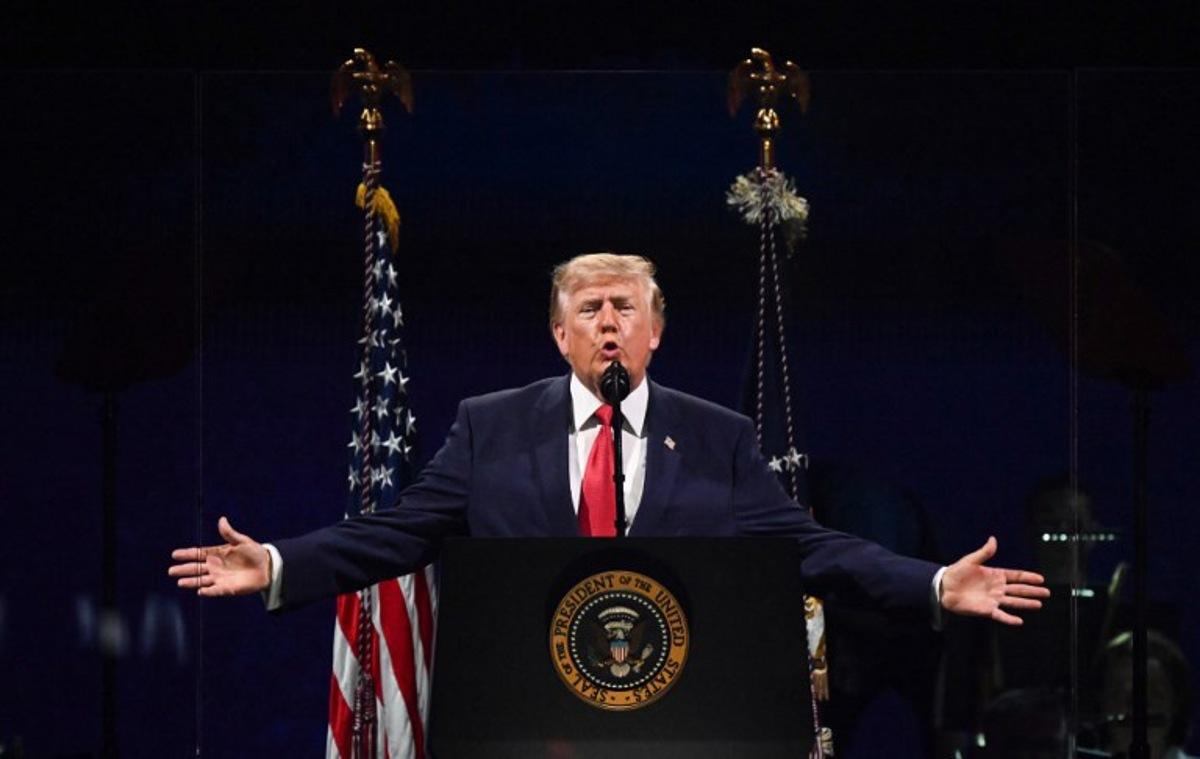 US President Donald Trump speaks during the "Salute to America" Independence Day celebration on the National Mall in Washington, DC, on July 4, 2026. The nation is marking the 250th anniversary of the United States Declaration of Indpendence. Alex WROBLEWSKI / AFP