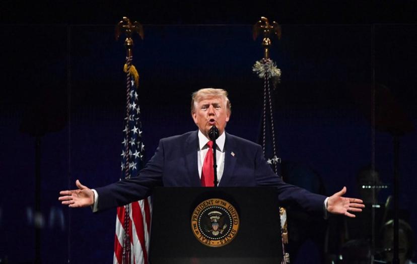 US President Donald Trump speaks during the "Salute to America" Independence Day celebration on the National Mall in Washington, DC, on July 4, 2026. The nation is marking the 250th anniversary of the United States Declaration of Indpendence. Alex WROBLEWSKI / AFP