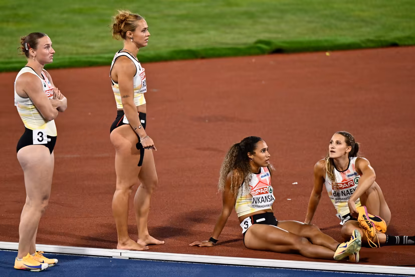Belgian Janie De Nayer; Belgian Rani Rosius; Belgian Delphine Nkansa and Belgian Rani Vincke react after the final of the women's 4x100m relay race, on the seventh day of the European Athletics Championships (August 10-18) in Birmingham, United Kingdom, on Saturday 15 August 2026. BELGA PHOTO ERIC LALMAND