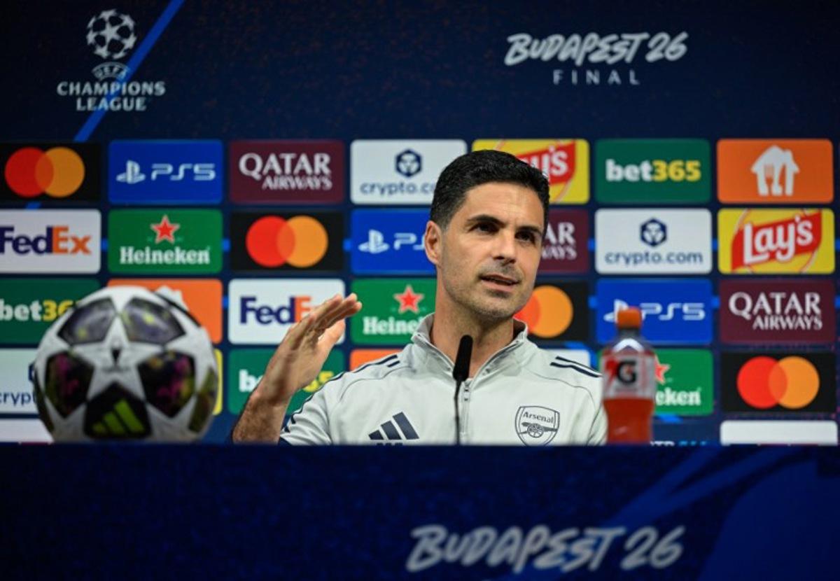 Arsenal's Spanish manager Mikel Arteta addresses a MD-1 press conference on May 29, 2026, the eve of the UEFA Champions League final football match between Paris Saint-Germain (PSG) and Arsenal at the Puskas Arena in Budapest. Paris Saint-Germain (PSG) face Arsenal in the UEFA Champions League final football match on May 30, 2026 in Budapest. INA FASSBENDER / POOL / AFP