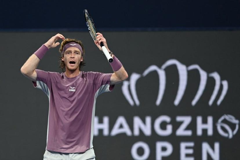 Russia's Andrey Rublev reacts during his men's singles semi-final match against France's Kyrian Jacquet at the Hangzhou Open tennis tournament in Hangzhou, in China's eastern Zhejiang province on September 28, 2026. AFP