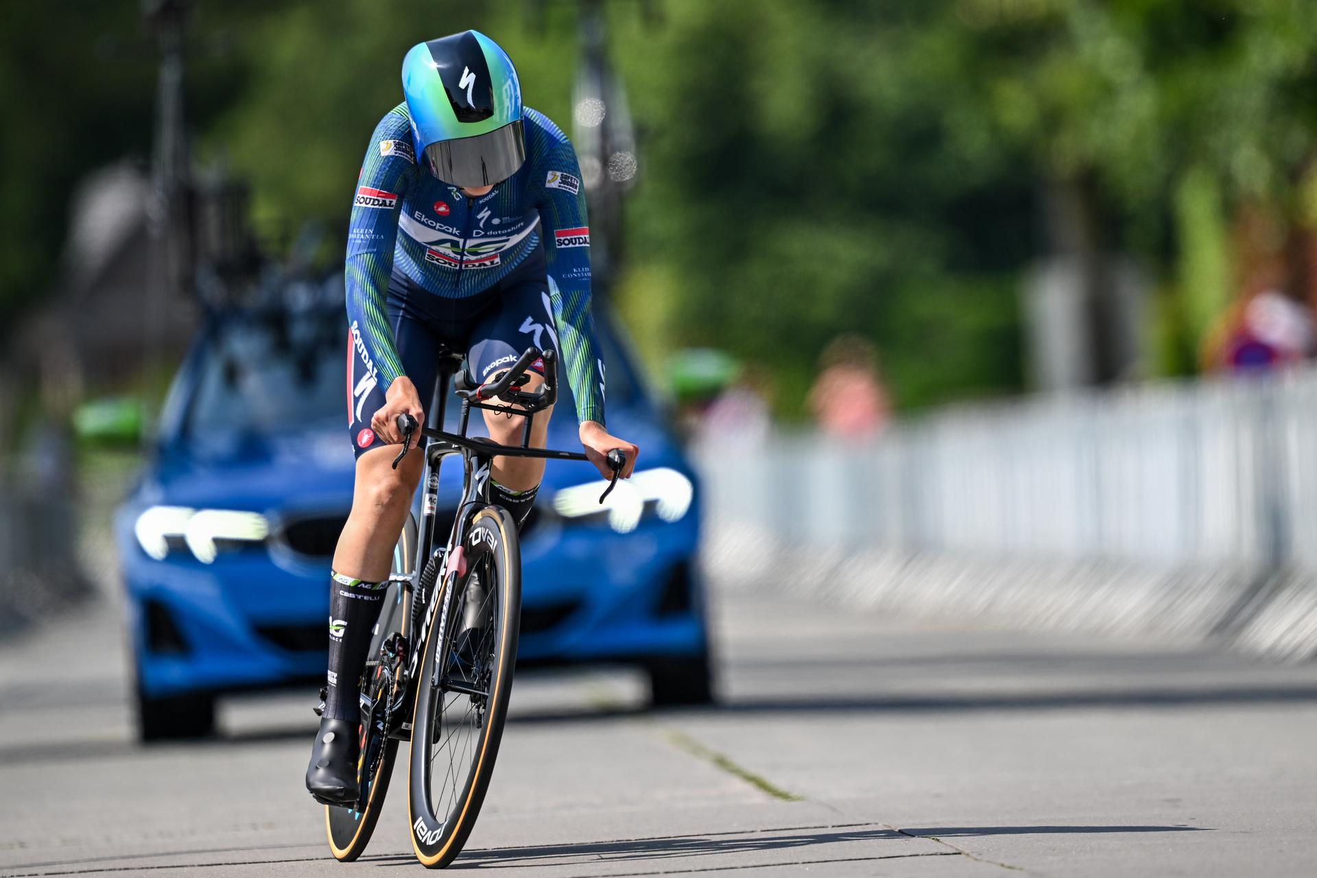 Elite Women Marthe Goossens pictured in action during the women's elite individual road time trial race (20,5km) at the Belgian Cycling Championships, in Maarkedal, on Friday 26 June 2026. BELGA PHOTO DAVID PINTENS