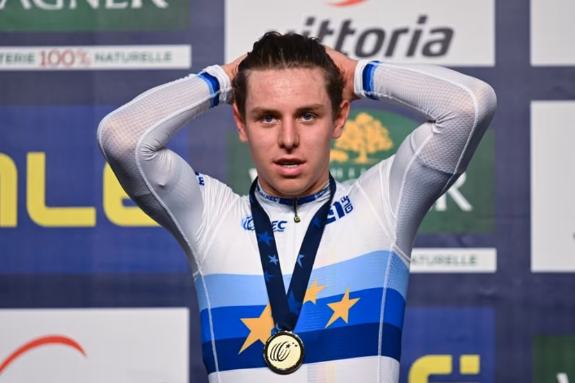 Germany's gold medalist TimTorn Teutenberg poses on the podium of the men's elimination race during the UEC Track Elite European Championships in Grenchen on February 8, 2023. SEBASTIEN BOZON / AFP