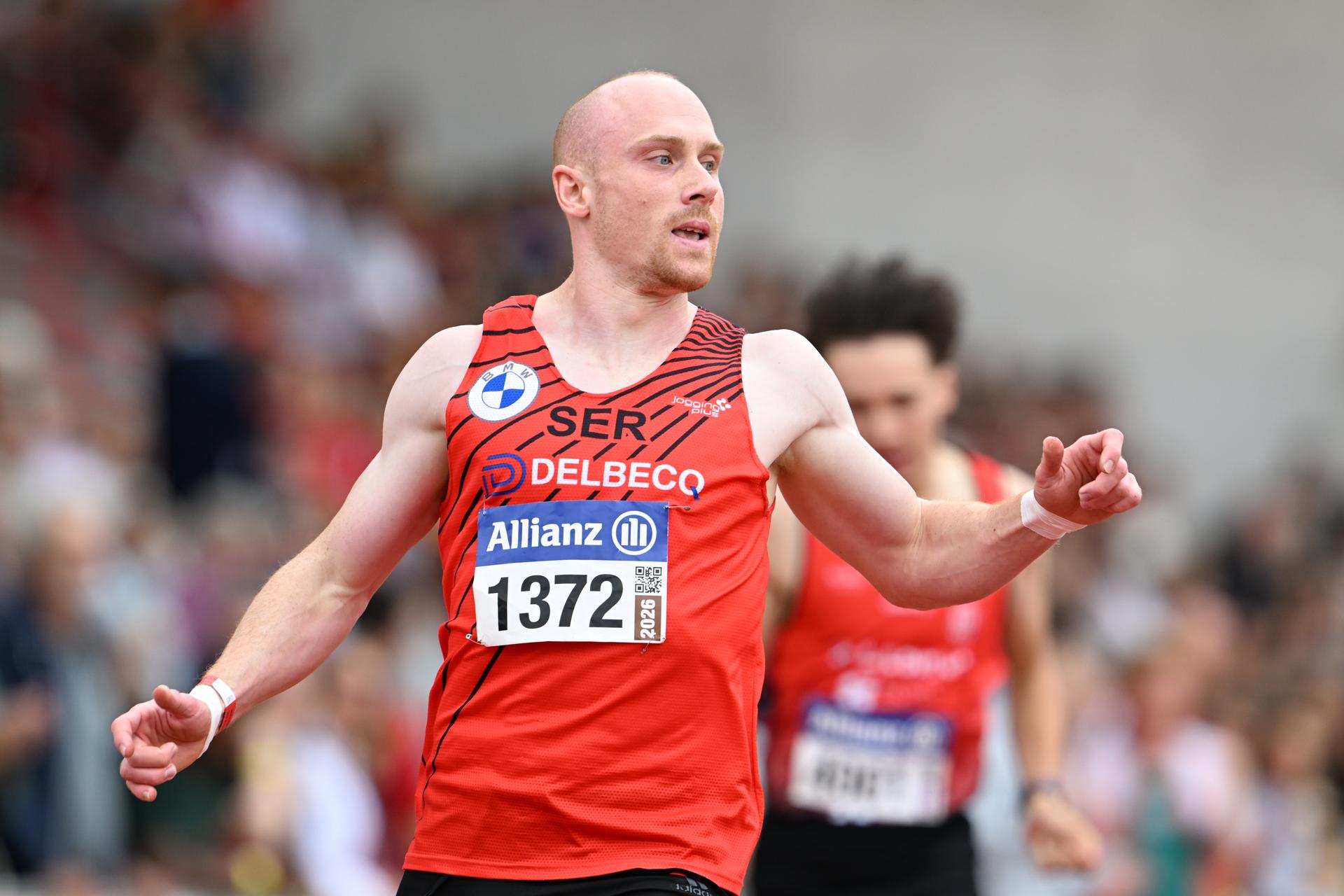 Belgian Antoine Snyders pictured in action during the men's 200m race, at the Belgian athletics championships, Sunday 26 July 2026 in Kessel-Lo, Leuven. BELGA PHOTO JILL DELSAUX
