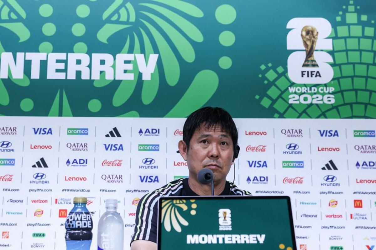 Japan's head coach Hajime Moriyasu gives an MD-1 press conference at Monterrey Stadium in Guadalupe, on June 19, 2026, on the eve of 2026 World Cup Group F football match between Tunisia and Japan. Julio Cesar AGUILAR / AFP