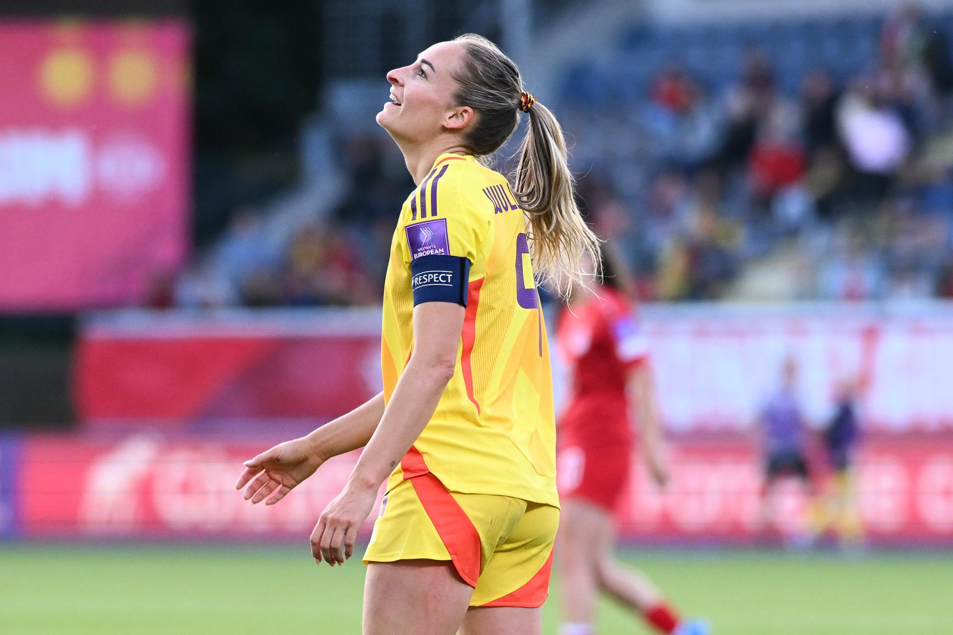 Belgium's Tessa Wullaert looks dejected during a soccer game between Belgium's national women's team the Red Flames and Luxembourg, on Friday 05 June 2026 in Leuven, in the fifth of six games of the qualifiers for the 2027 FIFA Women's World Cup. BELGA PHOTO JILL DELSAUX