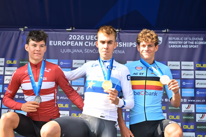 Denmark's Malthe Risbjerg; Spain's Benjamin Noval Suarez and Belgium's Vic De Smet celebrate on the podium of the Men Junior Individual Time Trial race (22km) at the cycling UEC Road European Championships, in Ljubljana, Slovenia, on Wednesday 7 October 2026. The UEC Road European Championships are taking place from 02 to 07 October in Ljubljana, Slovenia. BELGA PHOTO DAVID PINTENS