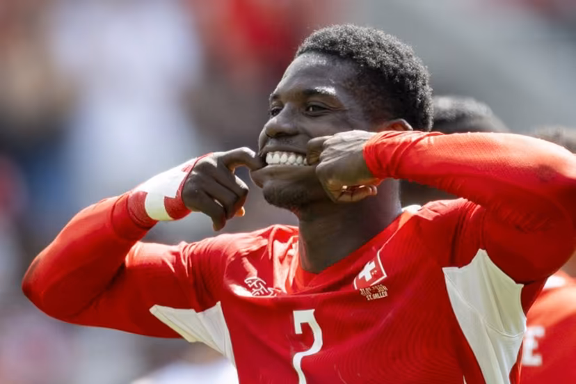 Switzerland's forward #7 Breel Embolo celebrates scoring his team's first goal during a friendly football match between Switzerland and Jordan ahead of the 2026 FIFA World Cup football tournament at the Kybunpark stadium in St. Gallen on May 31, 2026. Ennio LEANZA / AFP