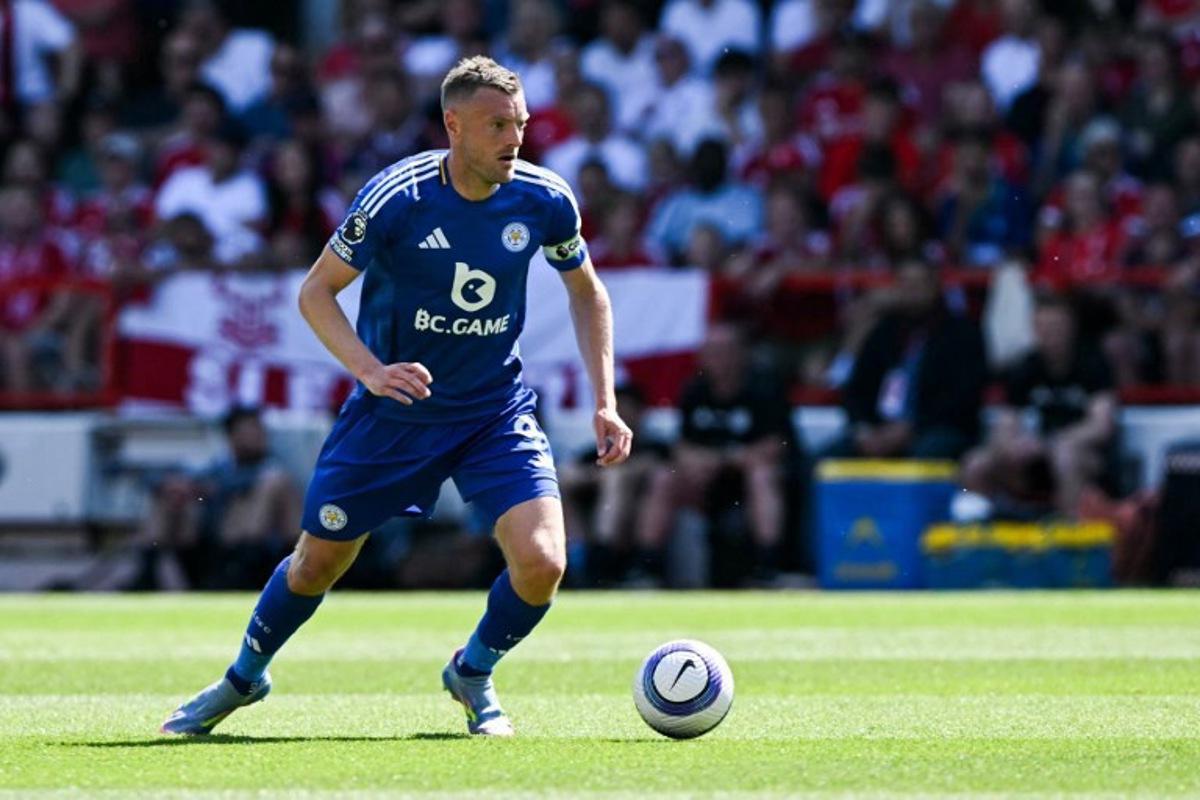 Leicester City's English striker #09 Jamie Vardy controls the ball during the English Premier League football match between Nottingham Forest and Leicester City at The City Ground in Nottingham, central England, on May 11, 2025. JUSTIN TALLIS / AFP