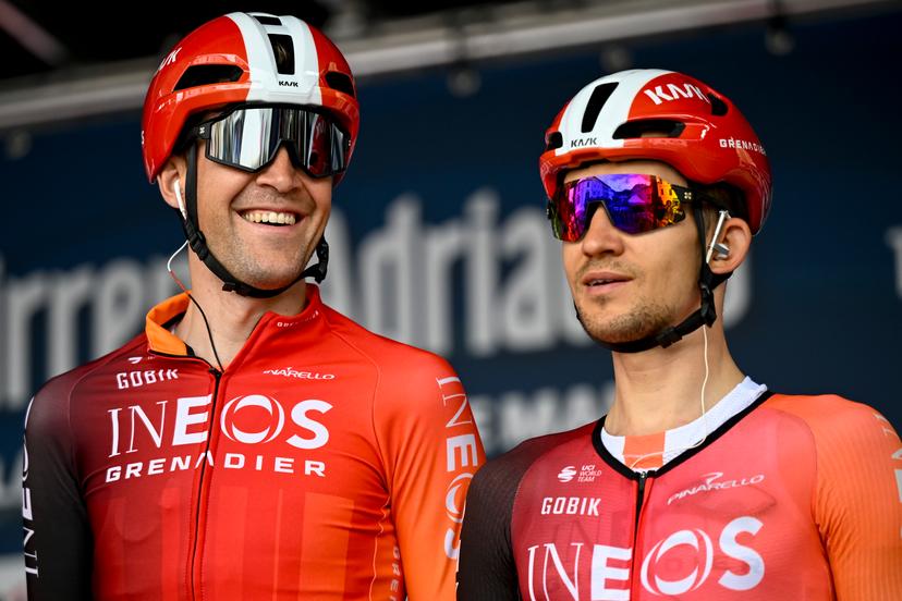 Belgian Laurens De Plus of Ineos Grenadiers and Polish Michal Kwiatkowski of Ineos Grenadiers pictured at the start of the second stage of the Tirreno-Adriatico cycling race, a 189km race from Camaiore to Follonica, Italy, Tuesday 11 March 2025. BELGA PHOTO DIRK WAEM