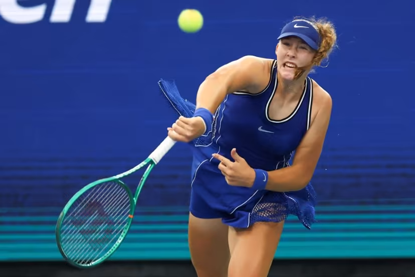 Russia's Mirra Andreeva follows through on a serve to Indonesia's Janice Tjen during their women's singles first round tennis match on day three of the US Open tennis tournament at the USTA Billie Jean King National Tennis Center in New York City on September 1, 2026. TIMOTHY A. CLARY / AFP